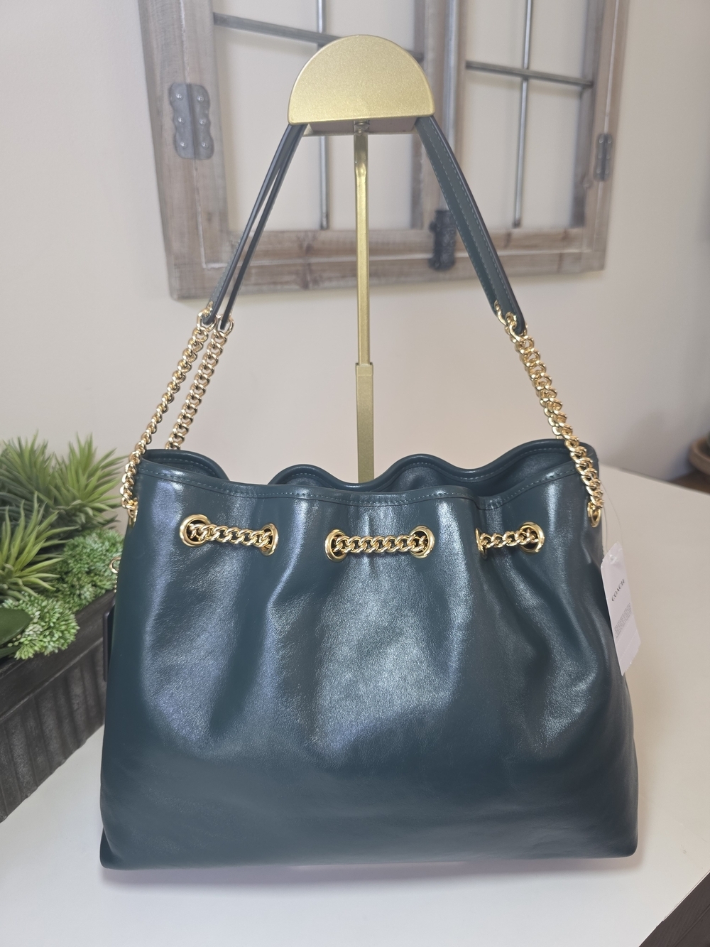Coach Evelyn Shoulder Bag Dark Teal Smooth Leather Gold Chain- NWT - Picture 7 of 13